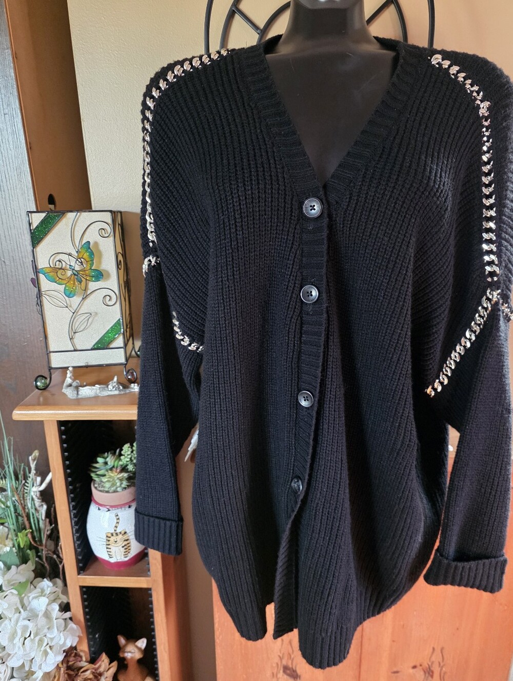 Dex Chunky Silver Chain Details Ribbed Knit Oversized Sweater Size 2X